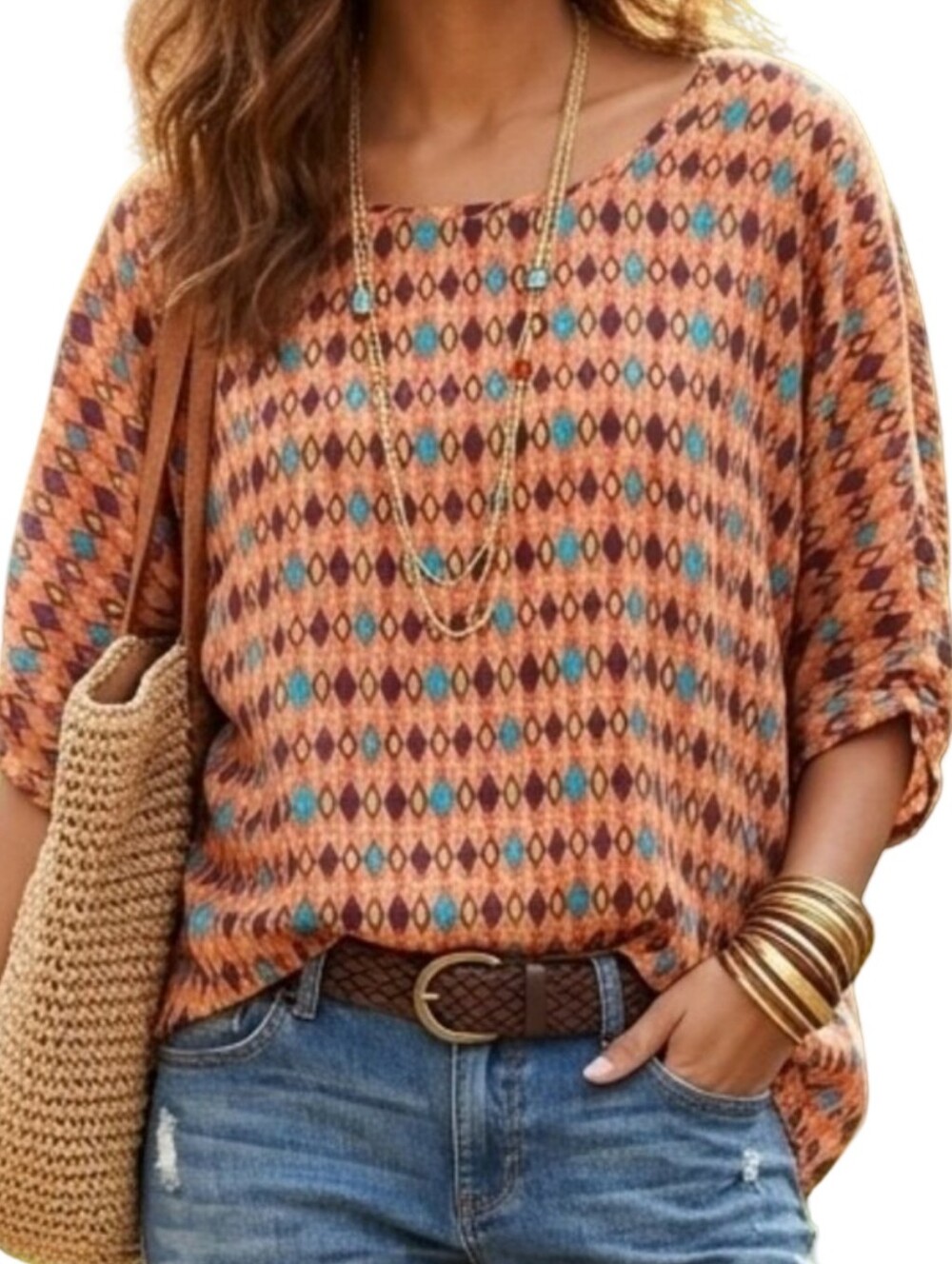 IVY JANE Geometric Diamond Print Blouse Orange Blue Scoop Neck Top